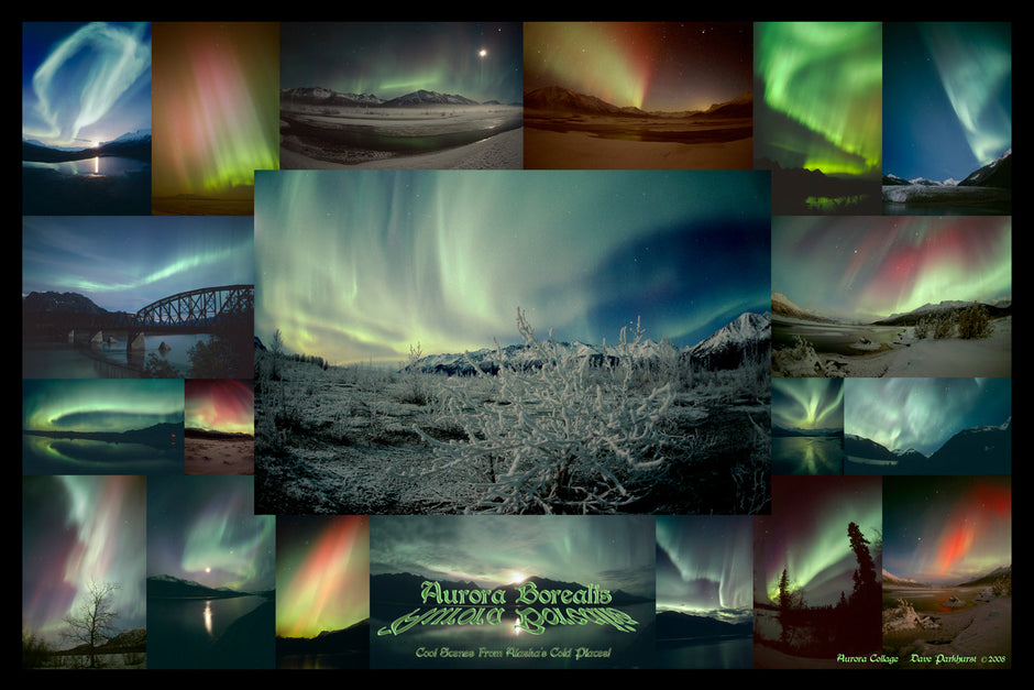 Aurora borealis photo collage showcasing multiple Alaska northern lights images