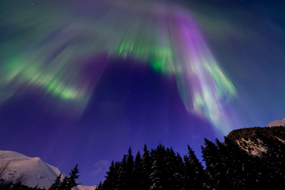 Soft aurora veil at dawn over Alaska's winter landscape