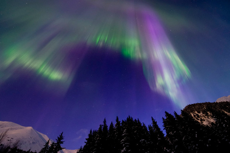 Soft aurora veil at dawn over Alaska's winter landscape