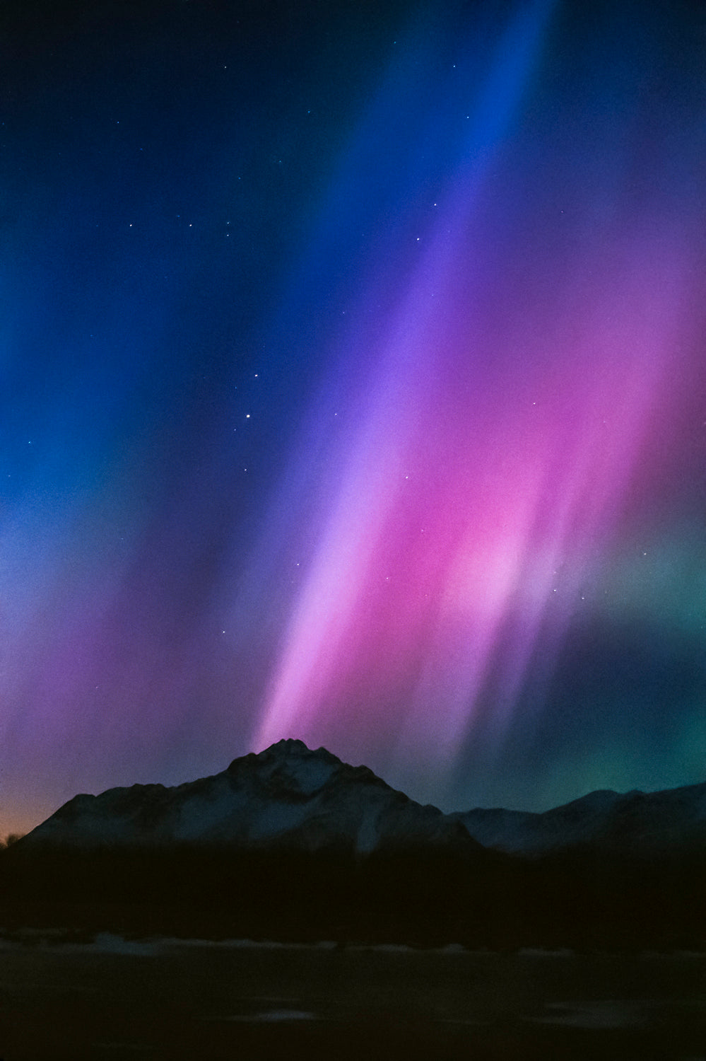 Great pink aurora tower rising over Alaska portrait fine art I