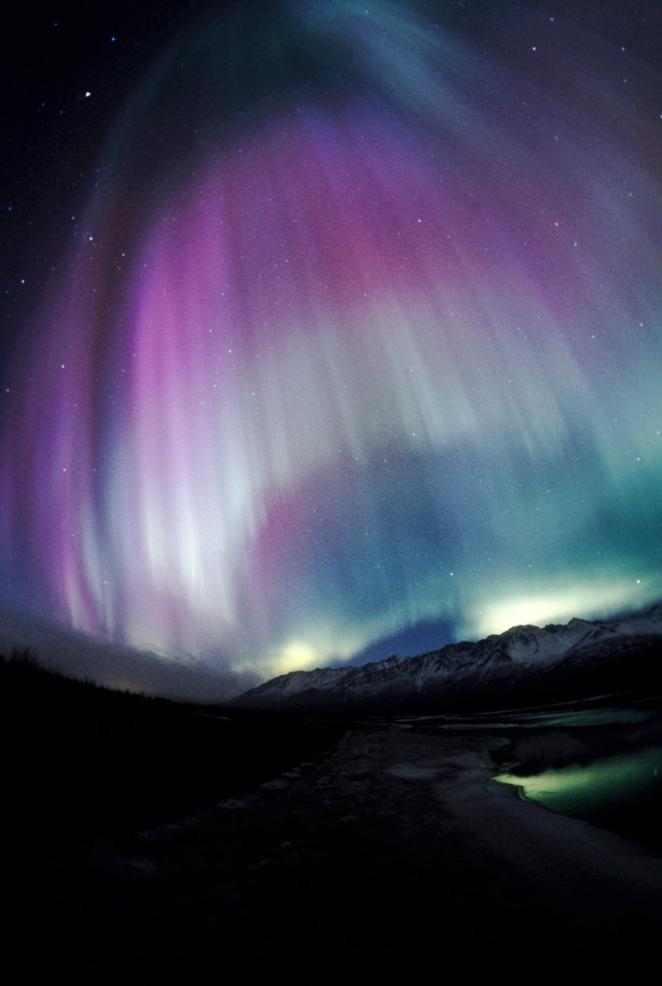Lavender purple aurora borealis cascading over Alaska portrait